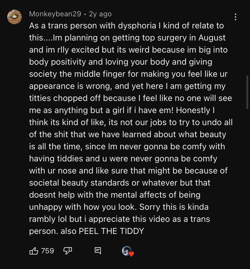 A Youtube comment from user Monkeybean29 reading: 'As a trans person with dysphoria I kind of relate to this....Im planning on getting top surgery in August and im rlly excited but its weird because im big into body positivity and loving your body and giving society the middle finger for making you feel like ur appearance is wrong, and yet here I am getting my titties chopped off because I feel like no one will see me as anything but a girl if i have em! <em>Honestly I think its kind of like, its not our jobs to try to undo all of the shit that we have learned about what beauty is all the time, since Im never gonna be comfy with having tiddies and u were never gonna be comfy with ur nose and like sure that might be because of societal beauty standards or whatever but that doesnt help with the mental affects of being unhappy with how you look. </em>Sorry this is kinda rambly lol but i appreciate this video as a trans person. also PEEL THE TIDDY'