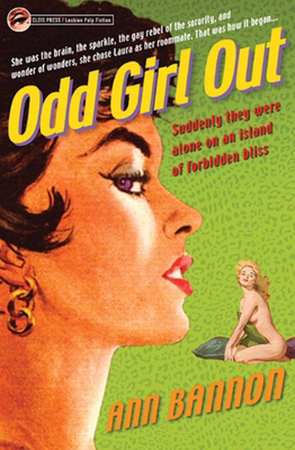 The cover of the book Odd Girl Out by Ann Bannon. It features an illustration of a woman's profile in the foreground, a naked woman kneeling behind her, and green cheetah-style print in the background.