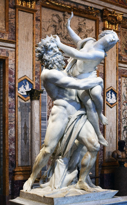 A sculpture depicting Persephone struggling to get away from Hades, who is holding her by her waist.