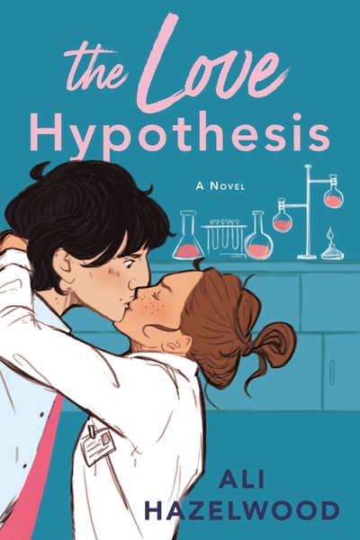 The cover of the book The Love Hypothesis by Ali Hazelwood. It features an illustration of a boy and a girl kissing with some sort of lab experiment set up in the background.