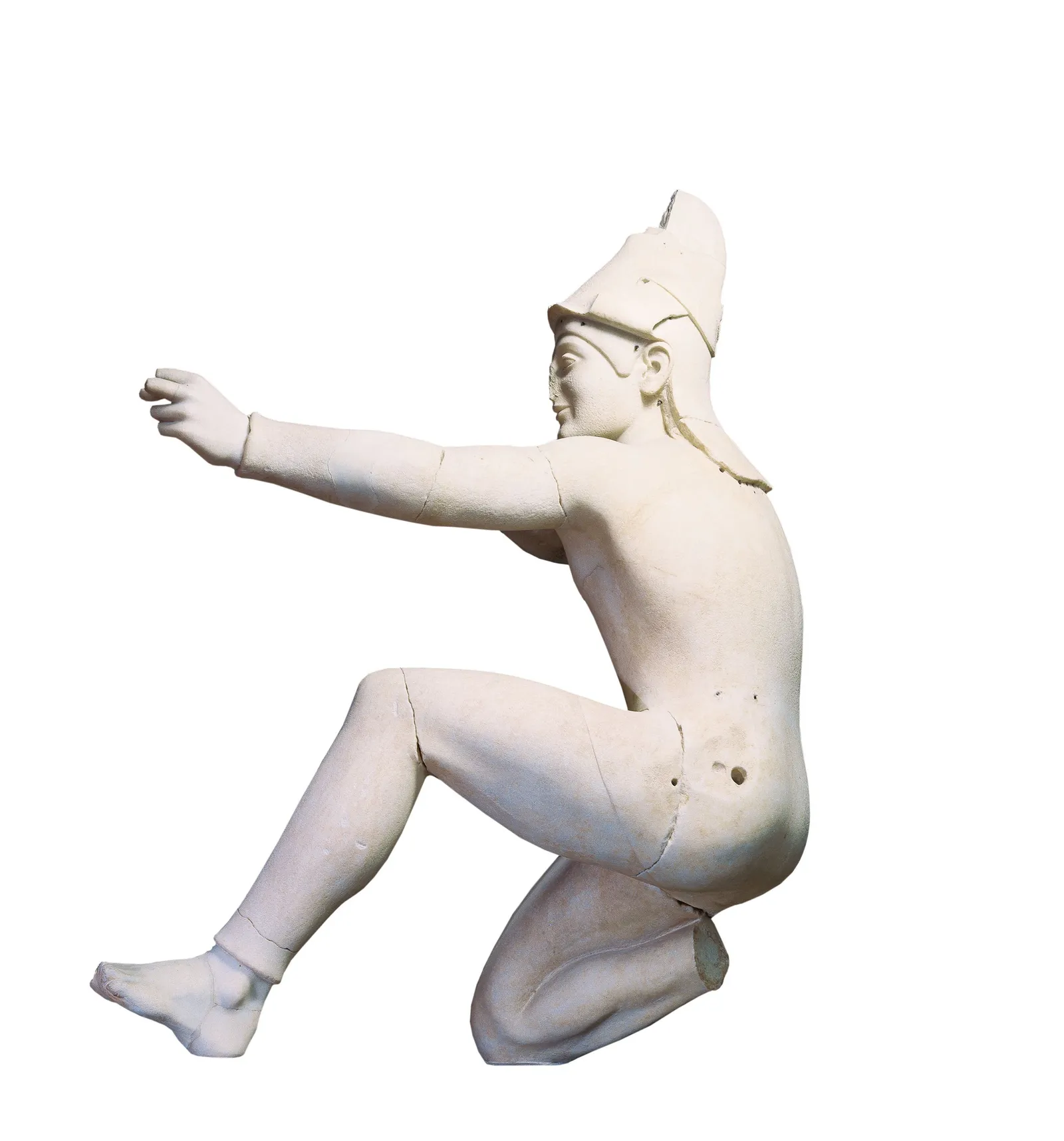 A white sculpture missing part of its face and leg, apparently with its fingers in a pose for archery.