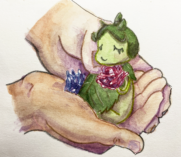 A watercolor illustration of the Pokemon Roselia, but particularly small, cupped in a person's hands.